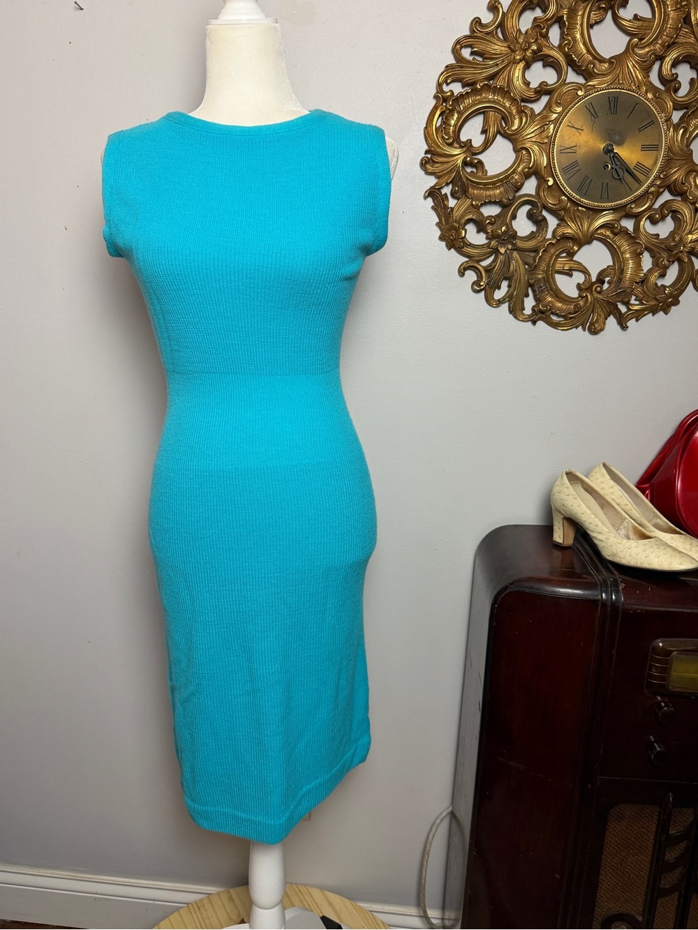 Vtg 60s Turquoise Ribbed Knit Mod Shift Dress 100% Orlon Acrylic Sleeveless S